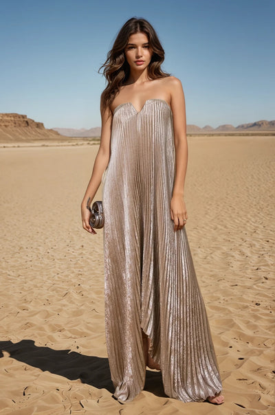 Pleated maxi dress in sand