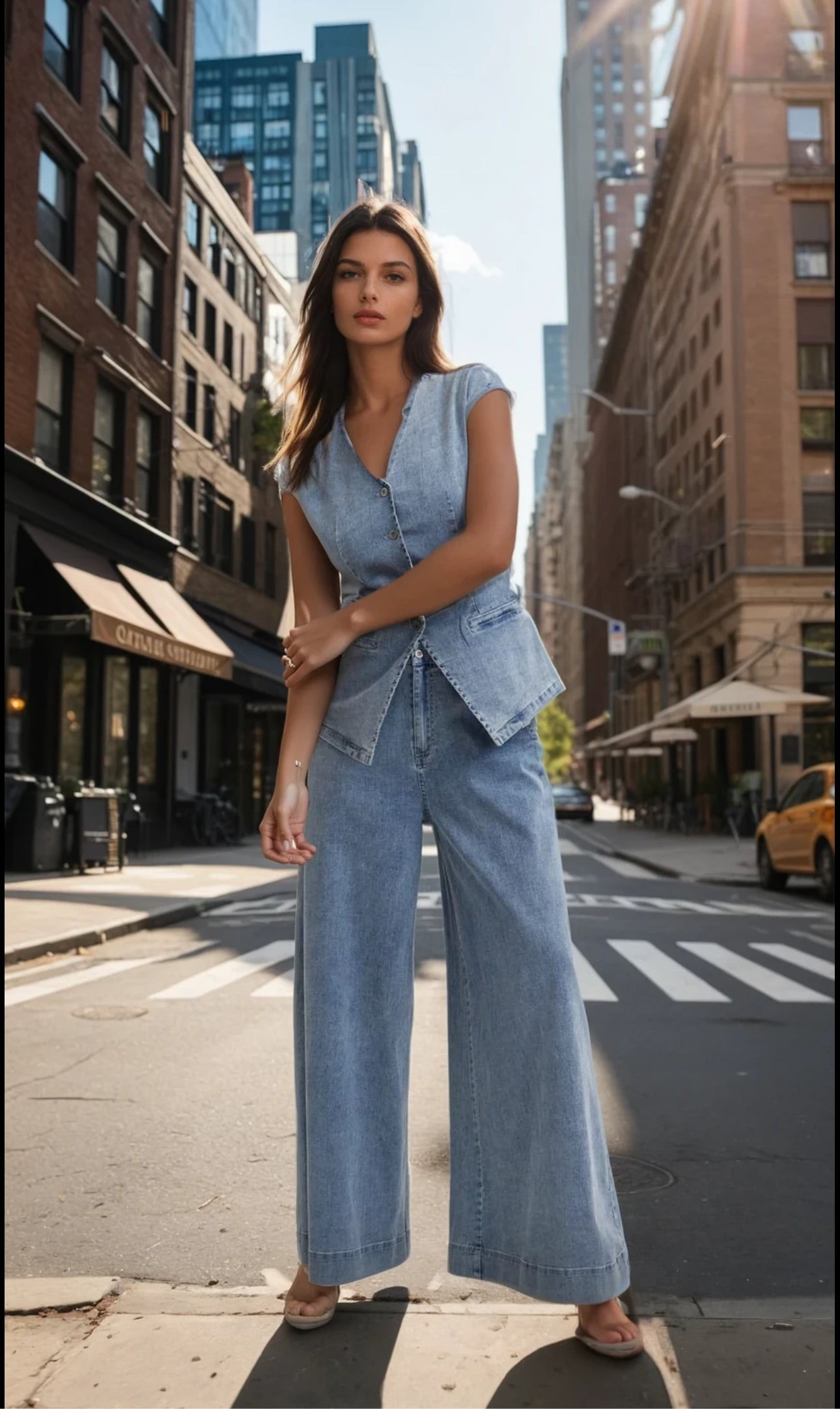 Denim ease peplum top and pant set