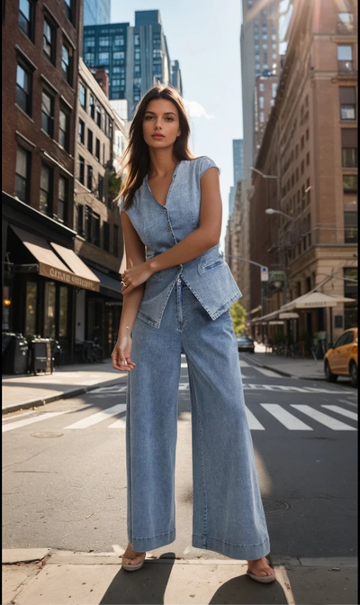Denim ease peplum top and pant set