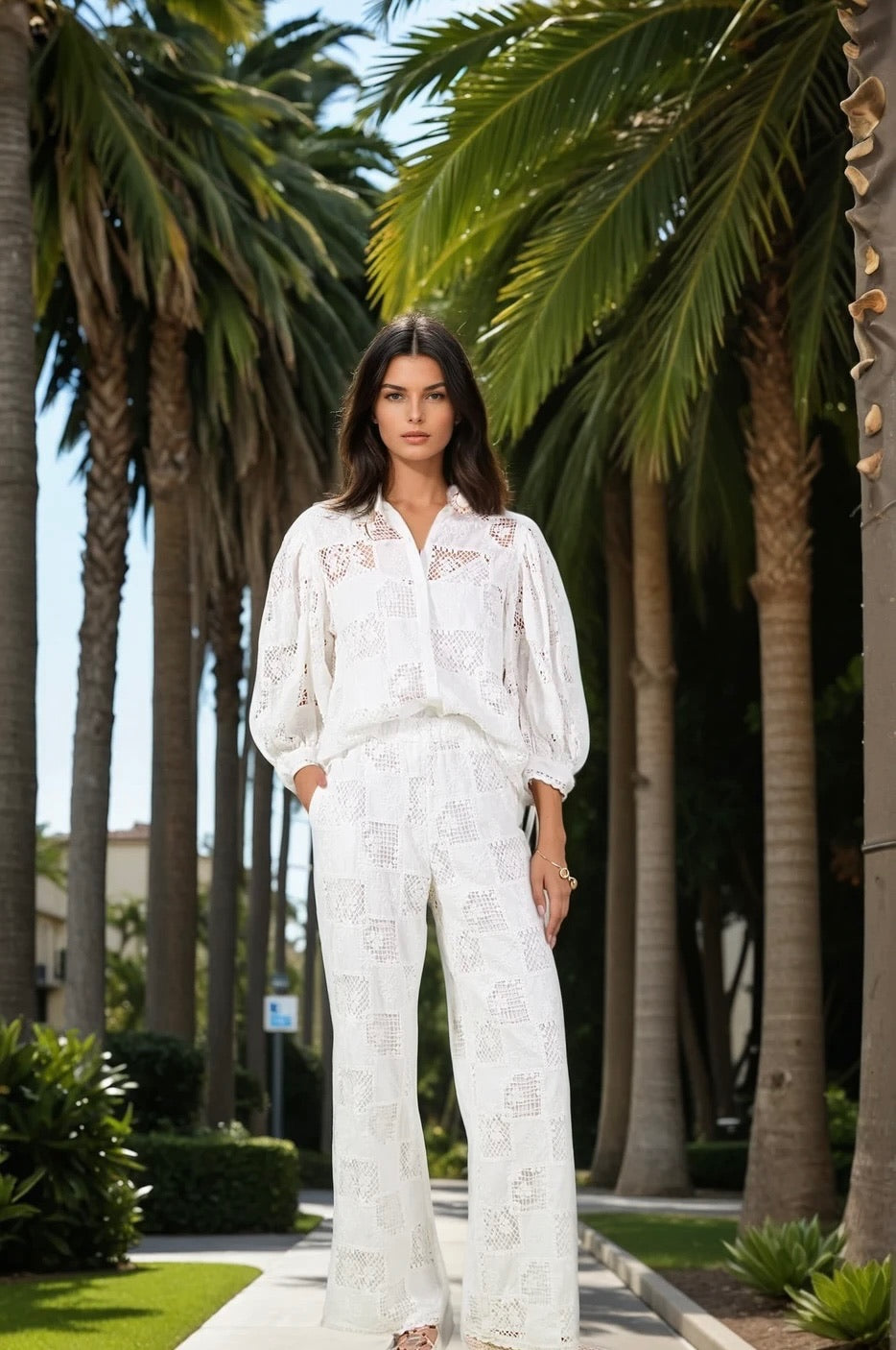 Embroidered blouse and pant set