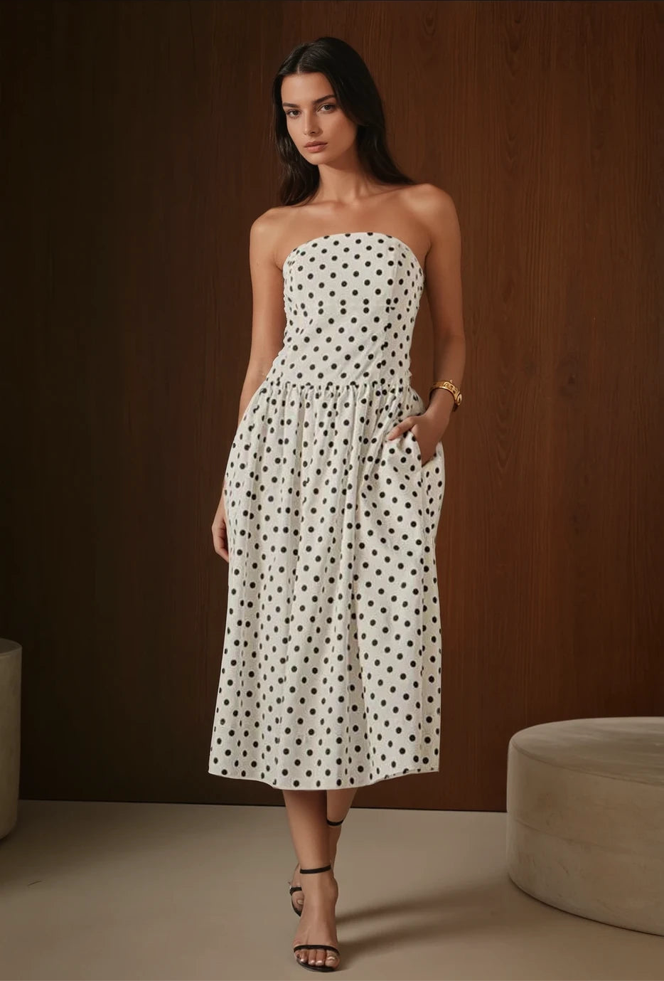 Strapless polka dot midi dress