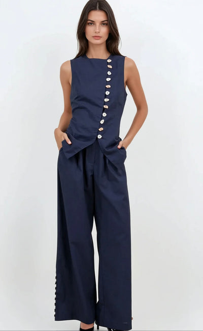 RESTOCK Multi accent button pant set in navy