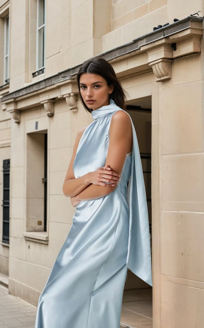 Margot satin maxi dress in steel blue