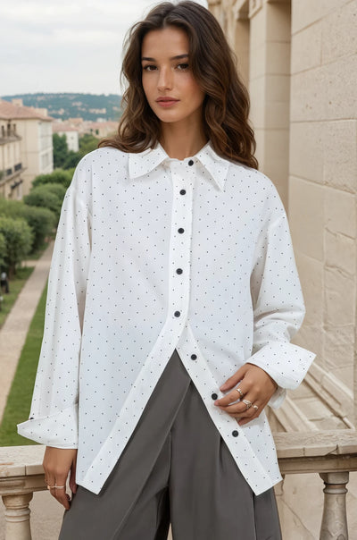 Asymmetrical closure polka dot blouse