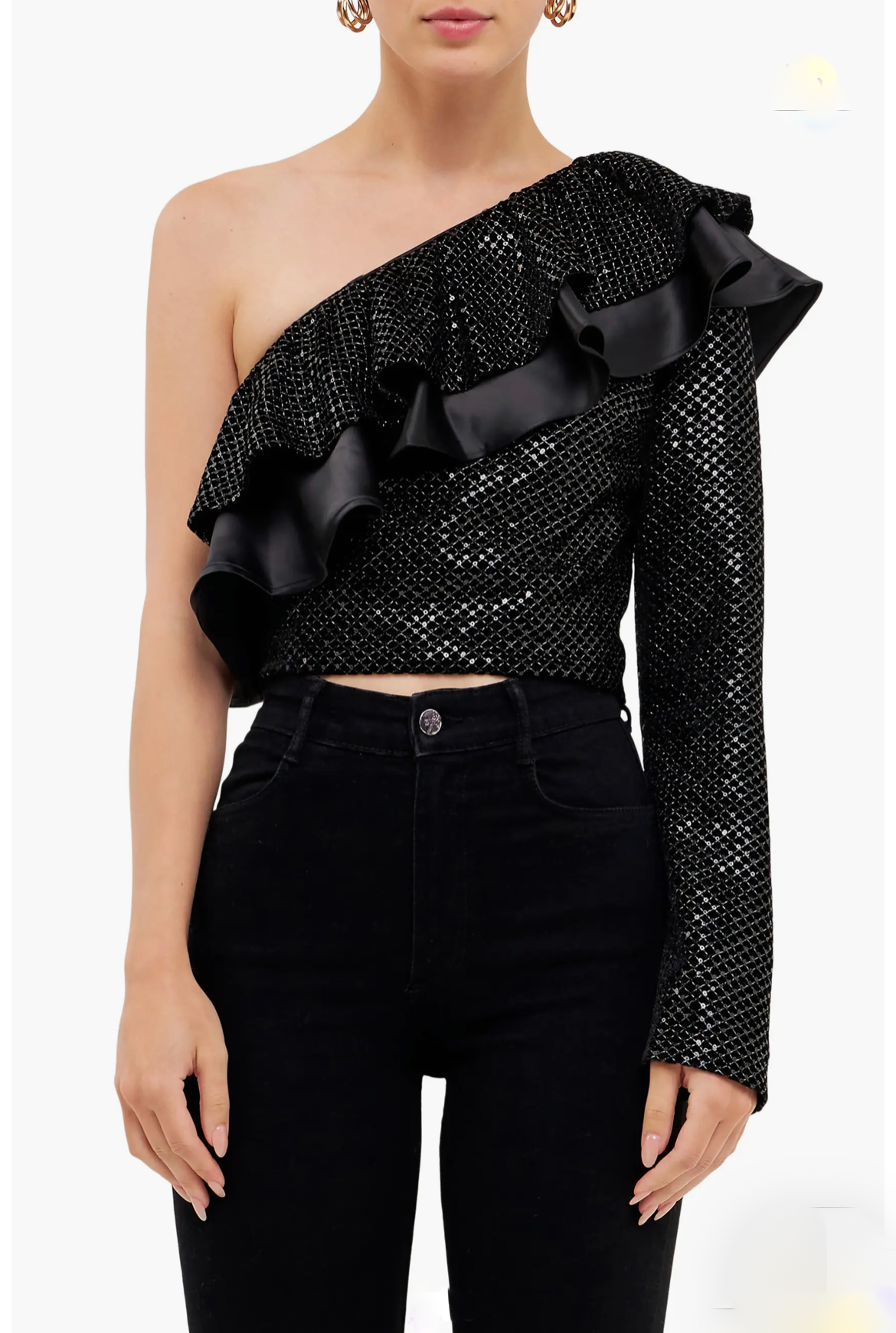 One shoulder ruffle sequin top