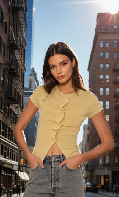 Knitted draped button down short sleeve top