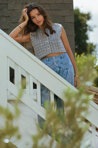 Tweed top and denim high waist pintuck wide leg jean