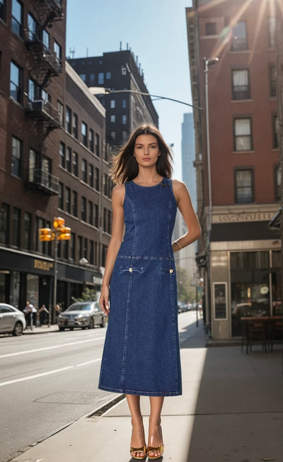 Denim drop waist midi dress