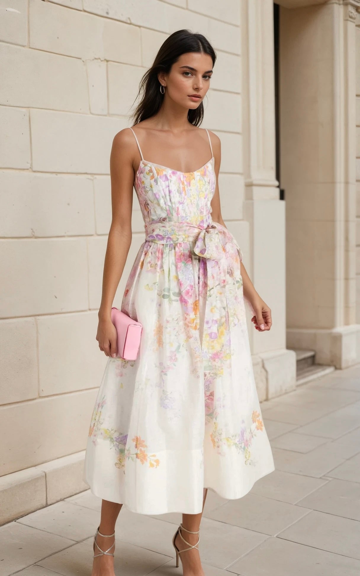 Natura midi dress with belt in pink