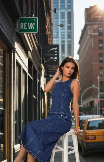 Denim drop waist midi dress