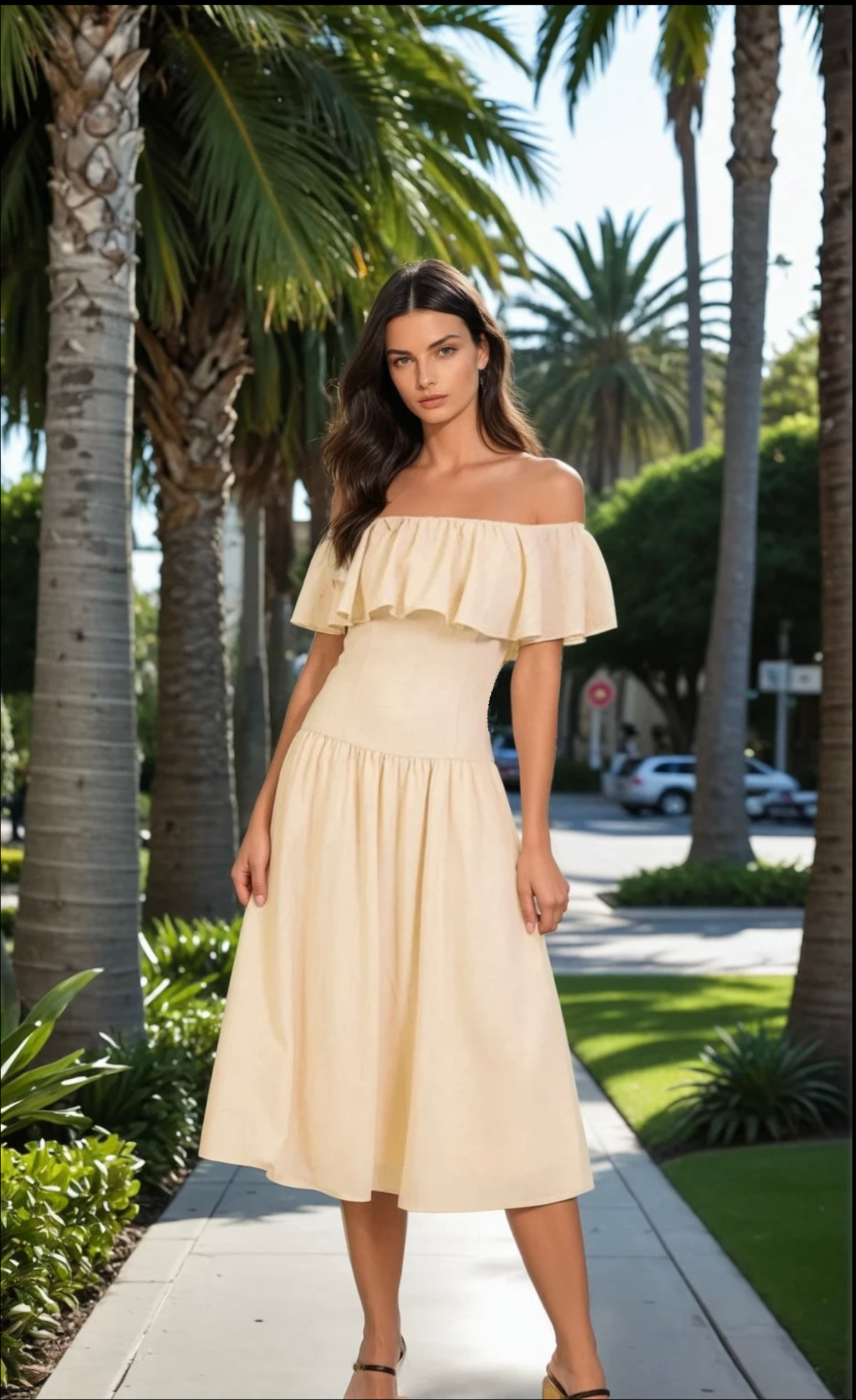 Off shoulder singe waist midi dress in cream