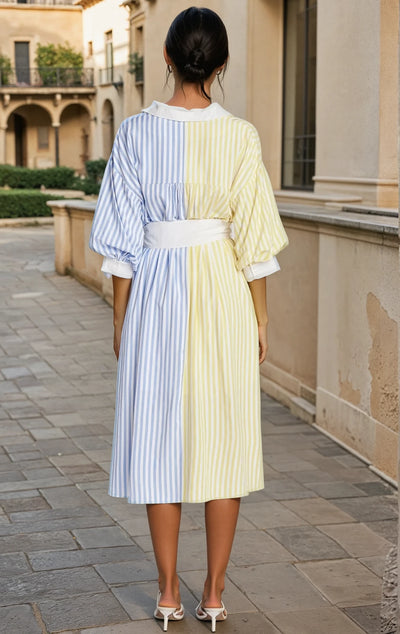 Blouson sleeve striped midi dress